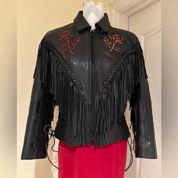 Black Fringe Leather Biker Jacket with Cut Out Rose Details - Picture 1 of 16